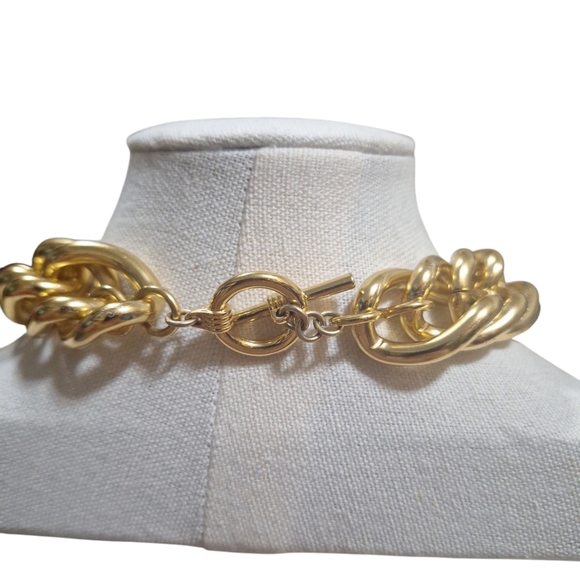 Vintage Chunky Gold Tone Linked Collar Choker Necklace 17.5" Toggle Clasp - Picture 4 of 5